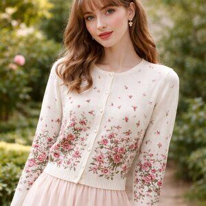 Vintage Christina Hope Lambswool/Angora Floral Cardigan Shoulder Pads Size XL